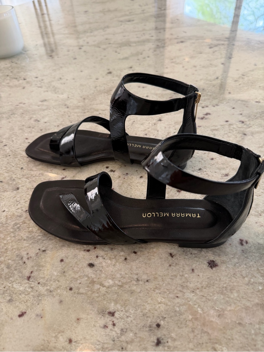 Tamara Mellon Black Stride Patent Sandals Size 8.5